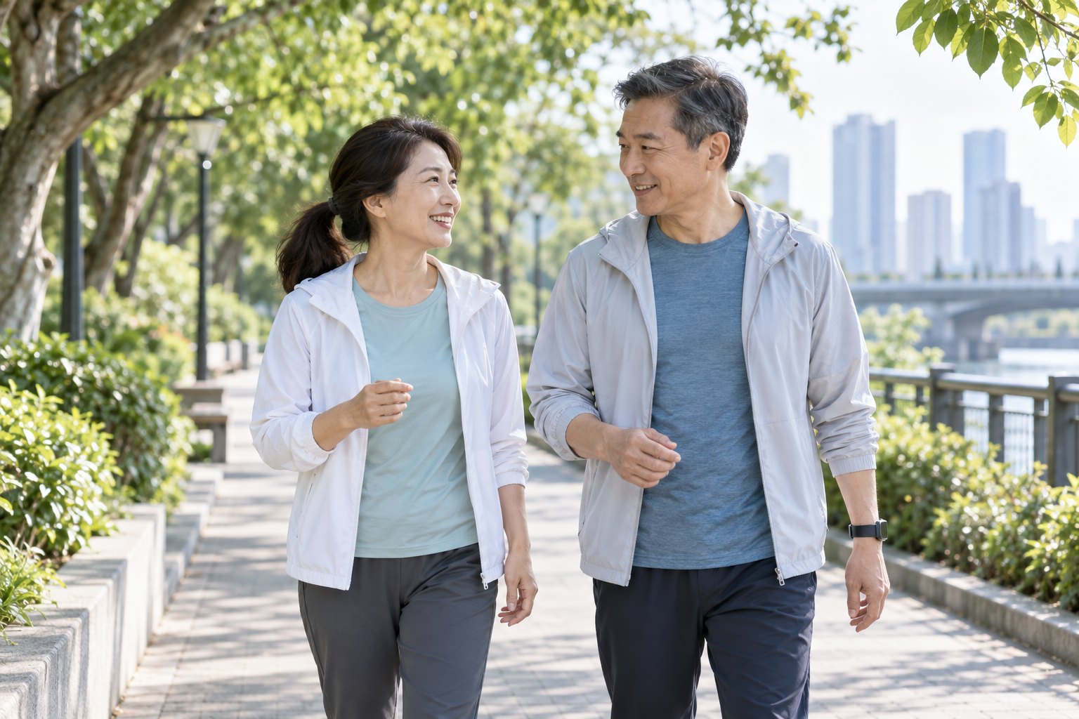 亞洲中年伴侶於公園步行